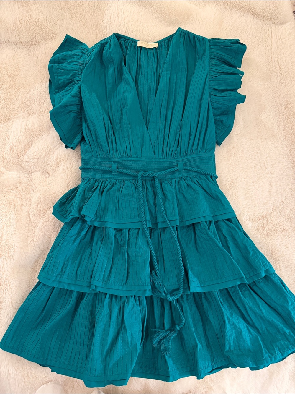 Ulla Johnson Teal Tiered Ruffle Dress with Waist Tie